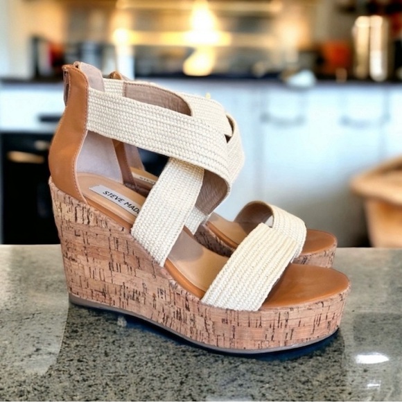 Steve Madden Cork Platform Wedge Sandals.
Canvas and leather. SZ 8 Comfortable - Picture 12 of 17